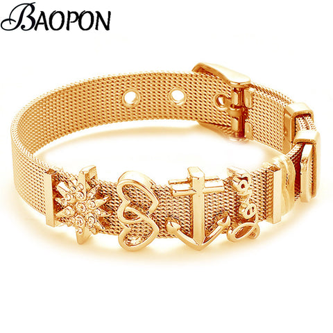 Crystal Heart Anchor Gold Charm Bracelet Bangle