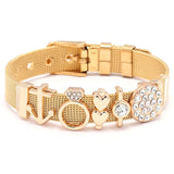 Crystal Heart Anchor Gold Charm Bracelet Bangle