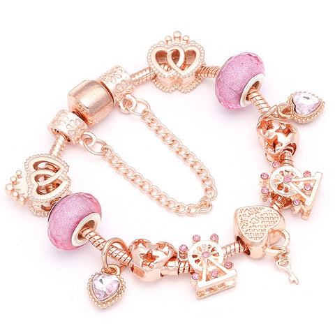 Heart & Key Pendant Rose Gold Charm Bracelet