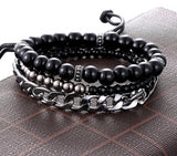 Steel Leather Black Silver Bracelet