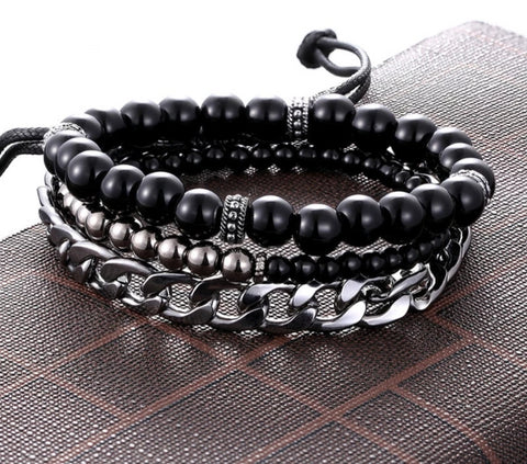 Steel Leather Black Silver Bracelet