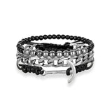 Steel Leather Black Silver Bracelet